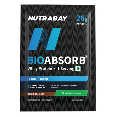 Nutrabay BioAbsorb™ Whey Protein Powder | Clinically Tested 54% Better Protein Absorption | 26g Protein/Scoop | India's 1st Protein with ProDiFi™ for No Bloating | No Added Sugar - 37 g (0.08 lb), Dark Chocolate (naturally Sweetened) product pack