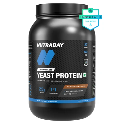 Nutrabay Fermented Yeast Protein Powder | 25g Protein, 6.7g BCAA | 9 EAAs | PDCAAS 1 | Gut Friendly | Superior Muscle Growth | Higher Absorption | Sugar, Lactose & Soy Free - 1 kg (2.2 lb), Rich Chocolate Creme product pack