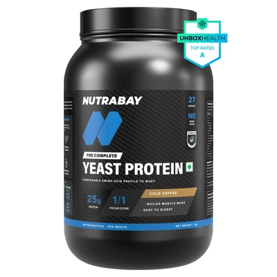 Nutrabay Fermented Yeast Protein Powder | 25g Protein, 6.7g BCAA | 9 EAAs | PDCAAS 1 | Gut Friendly | Superior Muscle Growth | Higher Absorption | Sugar, Lactose & Soy Free - 1 kg (2.2 lb), Cold Coffee product pack
