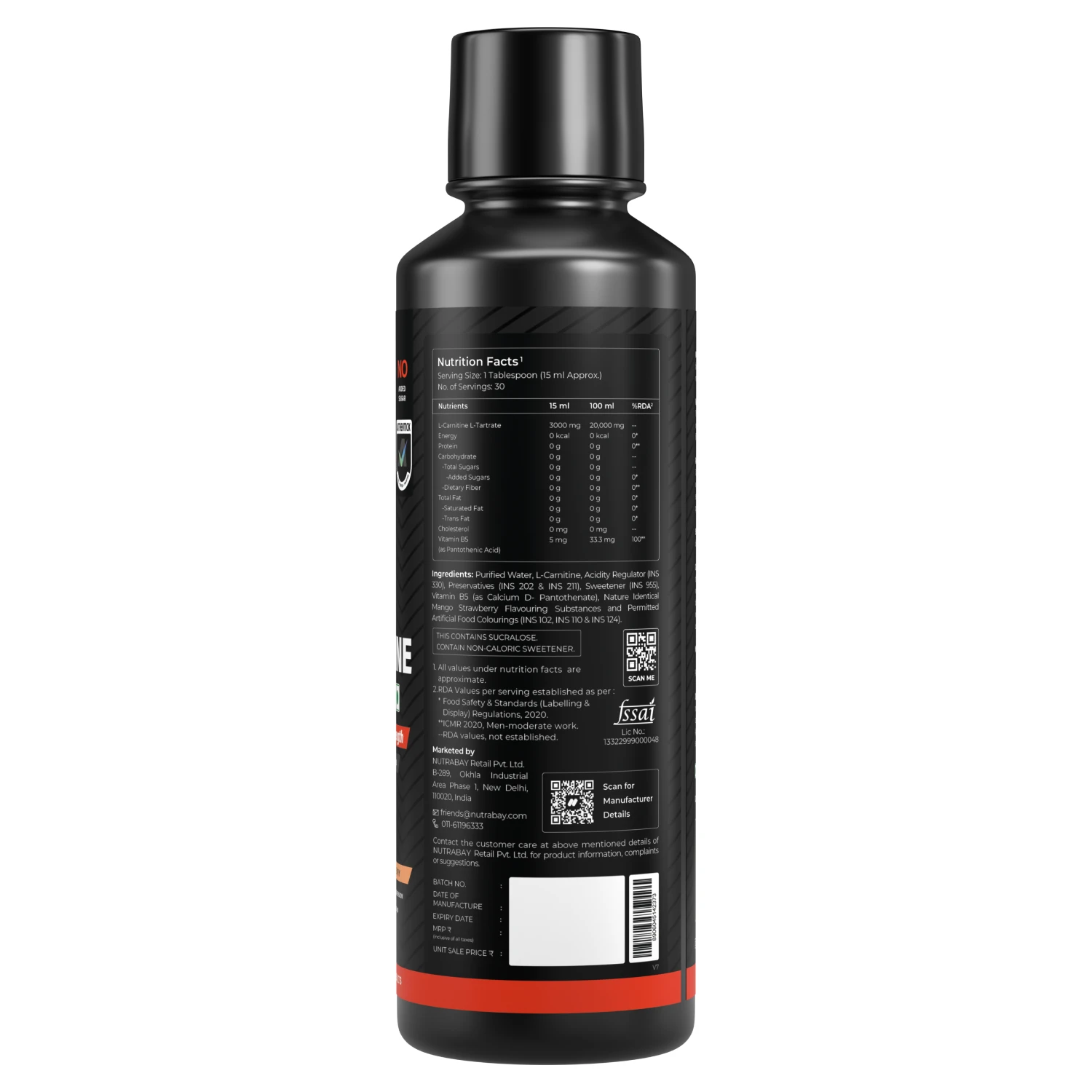 Nutrabay 3000mg Liquid L-Carnitine + Vitamin B5 ( Mango Strawberry, 450 Ml)  | NUTRABAY